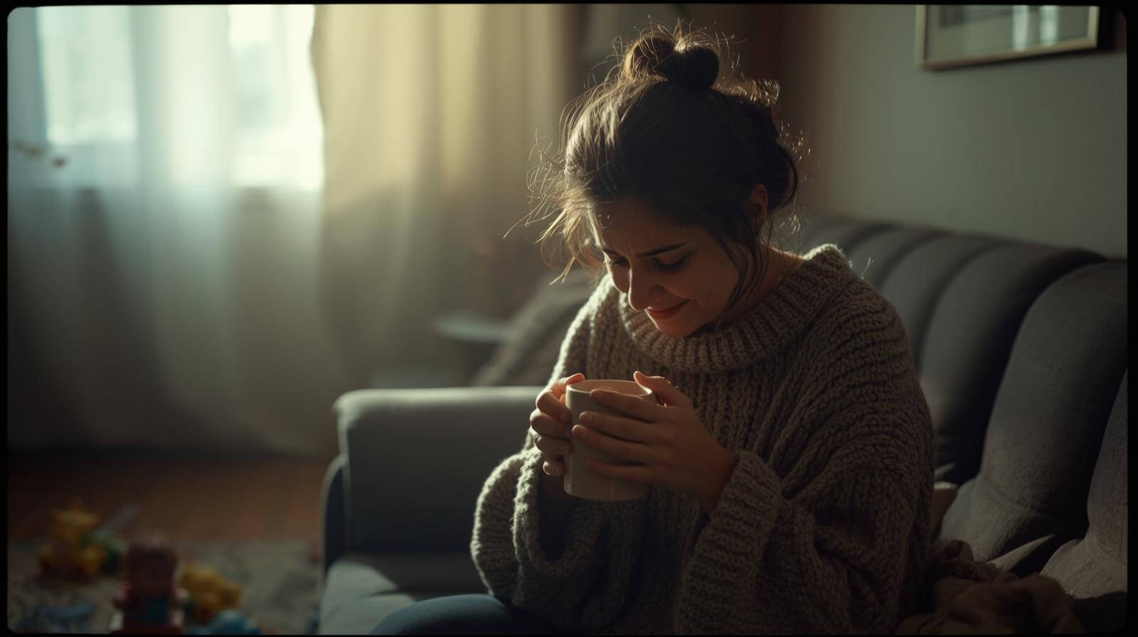 Madre cansada tomando café, maternidad real sin filtros, consejos para madres primerizas.